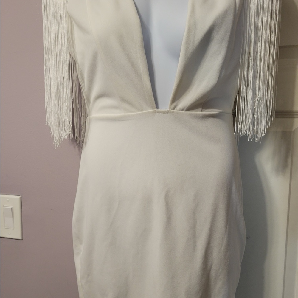 Symphony White Sheath Dress with Plunge Neckline and 3/4 Sleeves for Cocktail